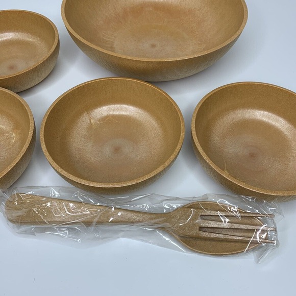 Vintage Nevco 7 Pc Wood Lite Salad Set Plastic Serving Bowl Salad Bowls Utensils - Picture 7 of 11